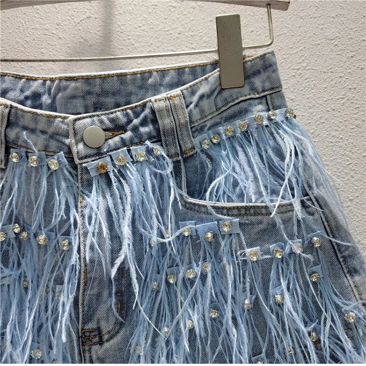 Summer Street Hot Girls Short Jeans Female Chic Feather Diamond Denim Shorts Women Retro Washed Hot Pants Sexy Night Club Shorts