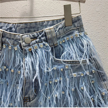 Summer Street Hot Girls Short Jeans Female Chic Feather Diamond Denim Shorts Women Retro Washed Hot Pants Sexy Night Club Shorts
