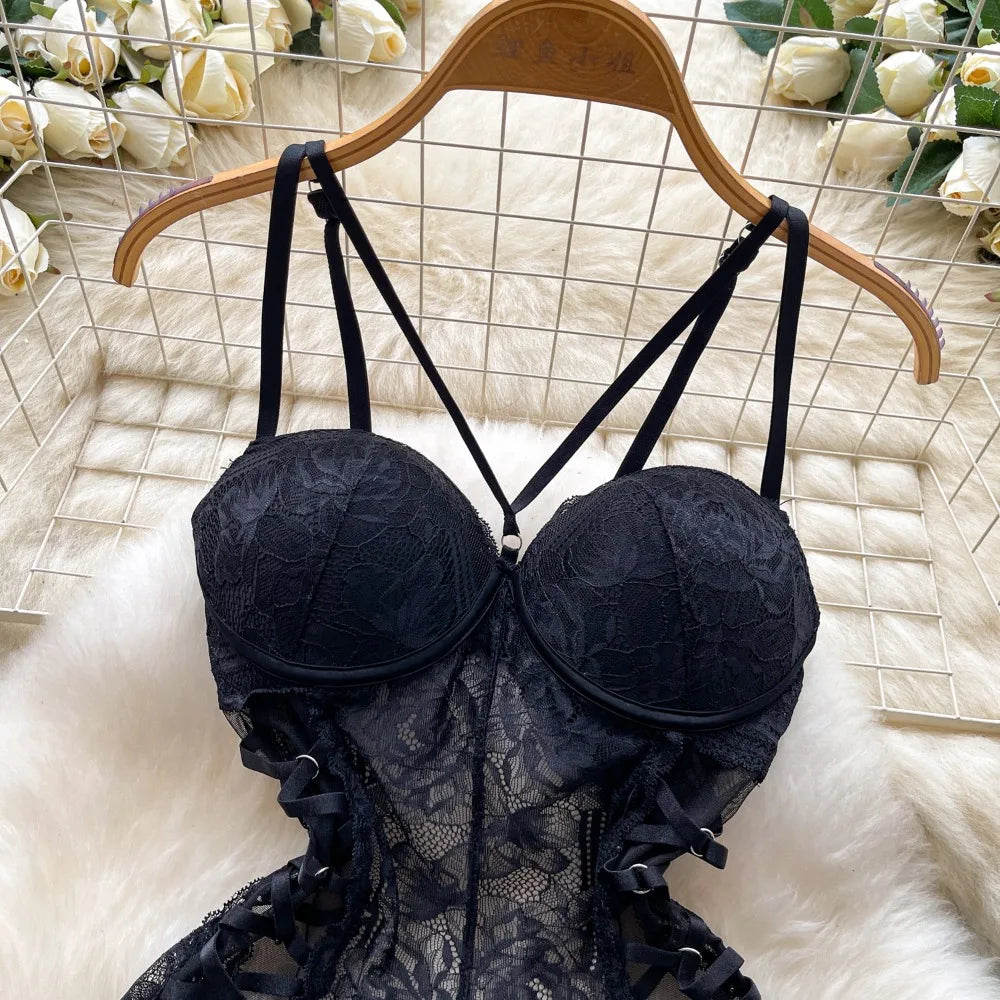 Sexy Lace Push Up Bodysuit See Through Mesh Patchwork Sleeveless Slim Thin One Pieces Elegant Women's Strappy Lingerie