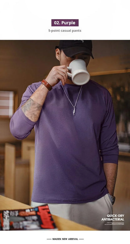 Casual 7A Anti-Bacterial Quick-Dry Long Sleeve T-Shirt Men's Spring Cool Comfort Breathable Tops Round Neck Layering Tee