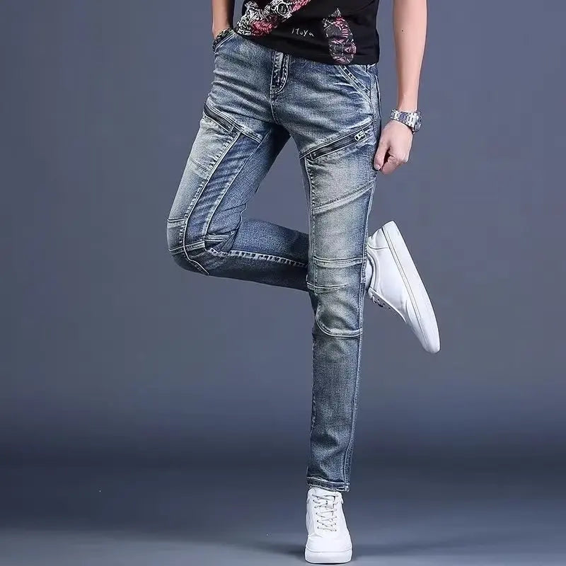 High-End Men's Slim Fit Jeans with Zipper Splicing Elastic Casual Long Trousers Trendy Retro Style Cotton Stretch Denim