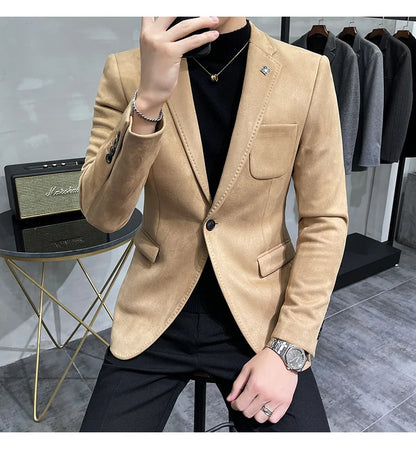 Deerskin Leather Jacket Blazer Men Casual Slim Fit Blazer Hombre Suit Leather Jacket Men Terno Masculino Men Clothing 6 Color