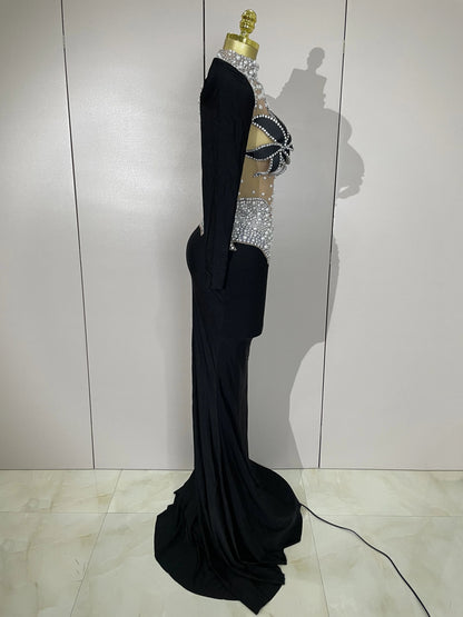 Luxury Sparkly Diamonds Pearl White See Through Mesh Long Dress Women Wedding Evening Party Stage Performance Photoshoot Dress