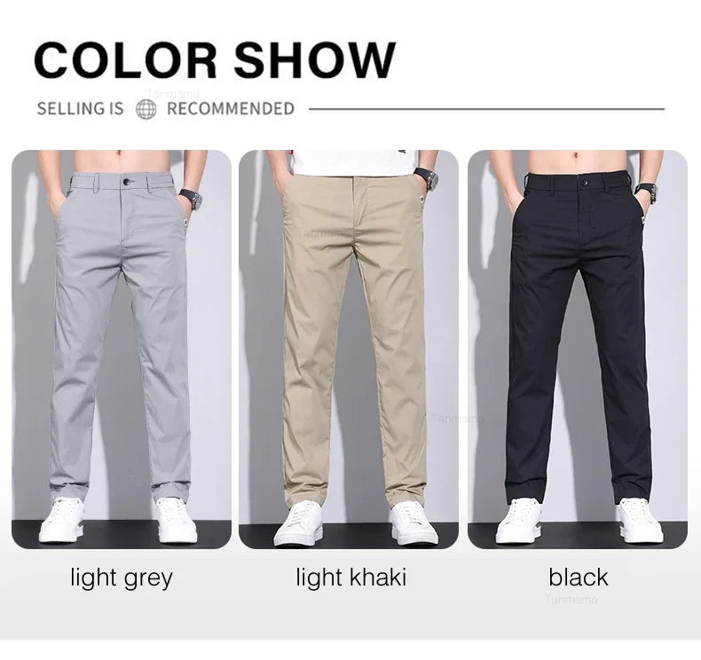 Ultra-thin Elastic Men's Casual Pants 2024 Summer Ice Silk Cotton Fashion Slim Straight Business Trousers Black Gray Khaki
