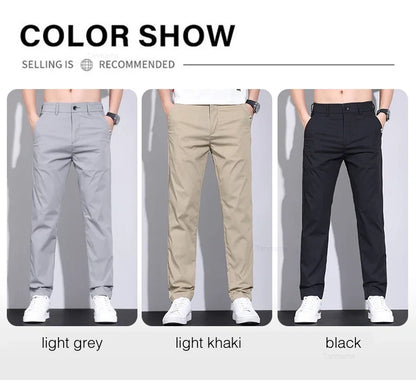 Ultra-thin Elastic Men's Casual Pants 2024 Summer Ice Silk Cotton Fashion Slim Straight Business Trousers Black Gray Khaki