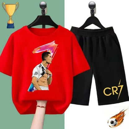 2025 Summer new children's suit Ronaldo football star printed children's suit Children's summer short sleeve shorts boys and gir