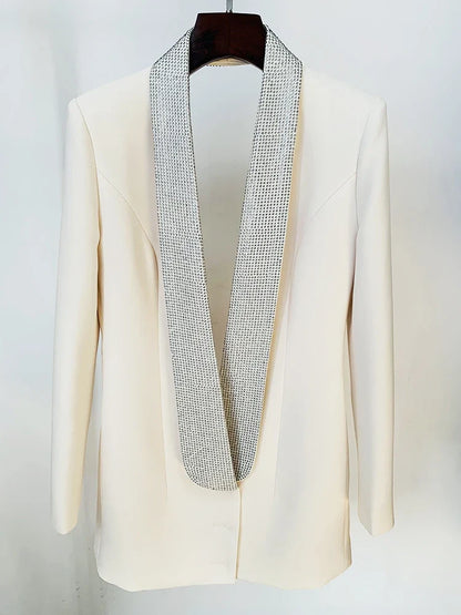 HIGH STREET 2026 Runway Fashion Designer Jacket Women's Stylish Backless Rhinestone Diamonds Beaded Shawl Collar Long Blazer