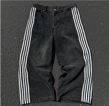 Y2K American Retro High Waisted Jeans Loose Wide Leg Pants Harajuku Style Street Striped Gothic Niche Design Casual Pants