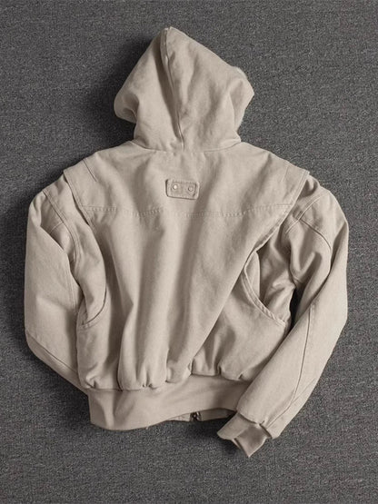 Autumn Winter Short Thickened Warm Oversized Canvas Washed Padded Jacket with Faux Fur Inside Loose Casual Hoodie