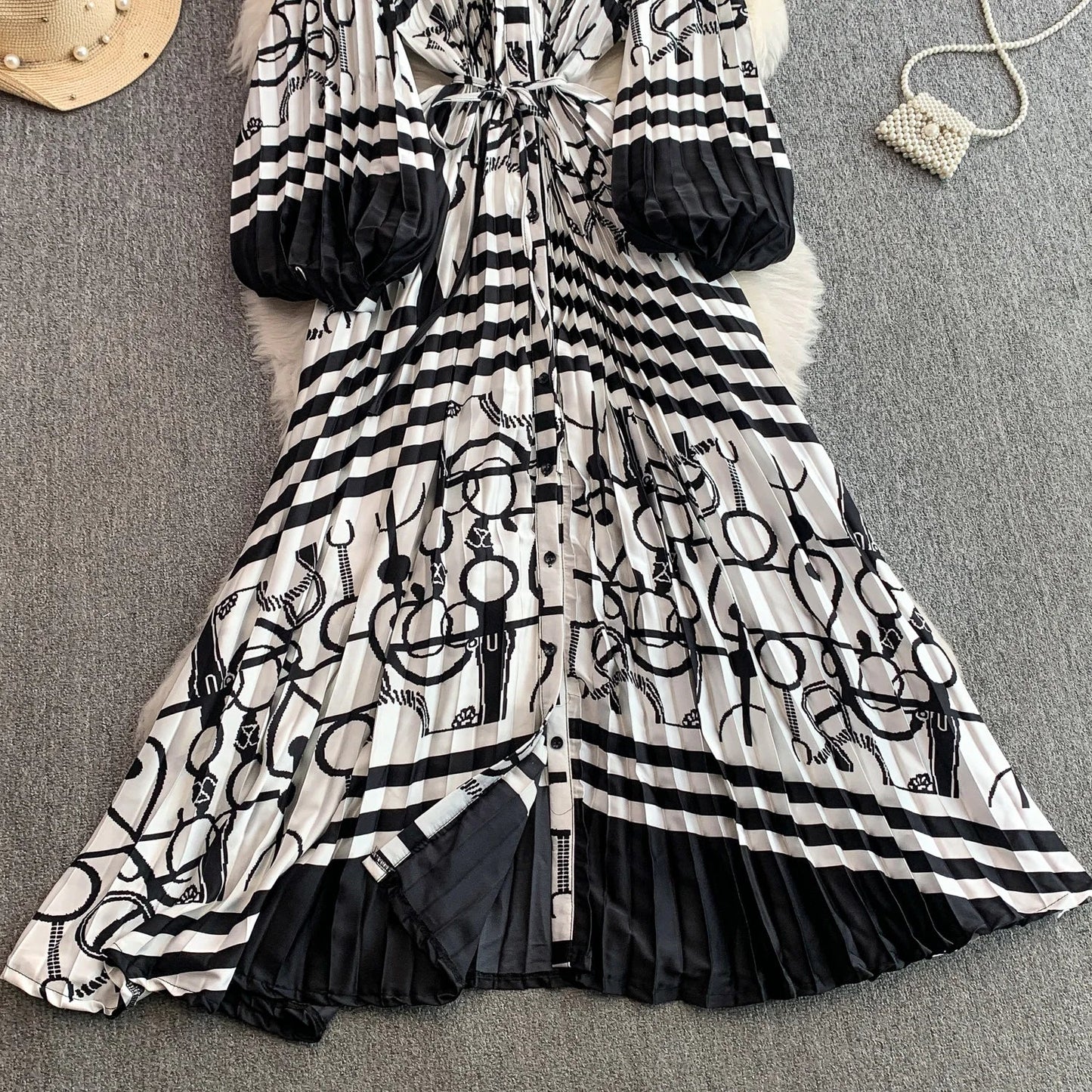 Ele Printed round Ne Lantern Sve Dr Women's Single Button Waist Cinch Maxi Skirt Long Dr Commute Sle Autumn