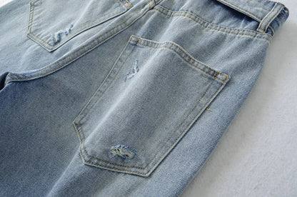 American Retro Cuffed High Waist Slimming Casual Denim Jeans Women's Autumn Versatile Loose Straight Leg Floor-Length Pants