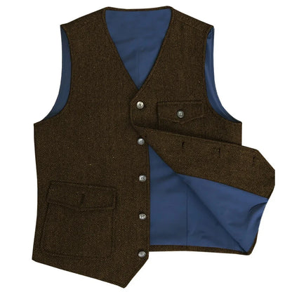 Men Vest Dark Green Herringbone Single Button V Neck Pocket Waistcoat For Wedding Party Business Work Daily Casual Men Suit Vest