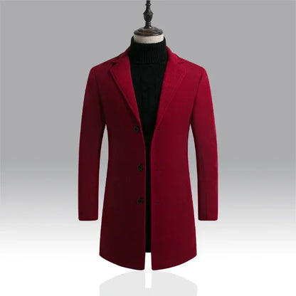 Men Long Cotton Coat 2025 Autumn Winter Wool Blend Pure Color Business Casual Slim Fit Windbreaker Jacket Fashion Men Clothing