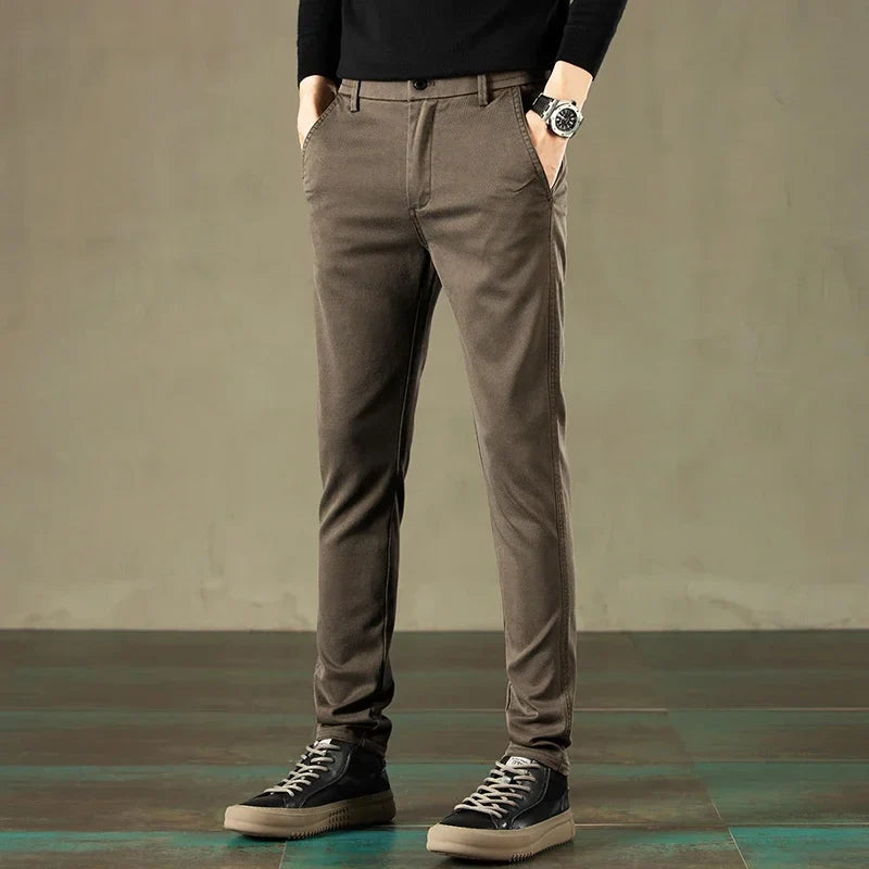 2024 Spring New Men's Casual Pants Brand Clothing Business Elastic Waist Thick Classic Slim Trousers Male Black Grey Brow