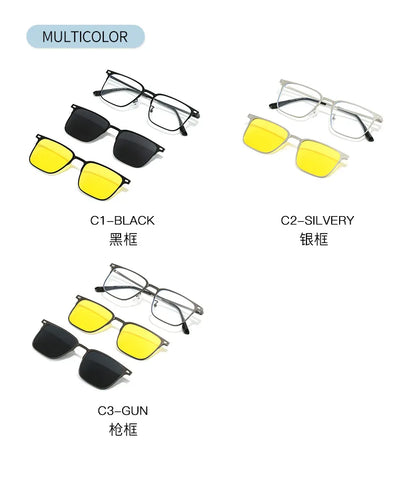Fashion Square Metal Frame 3 in 1 Magnet Clip On Glasses Polarized Sunglasses Man Night Vision Clip Anti Blue Light Glasses