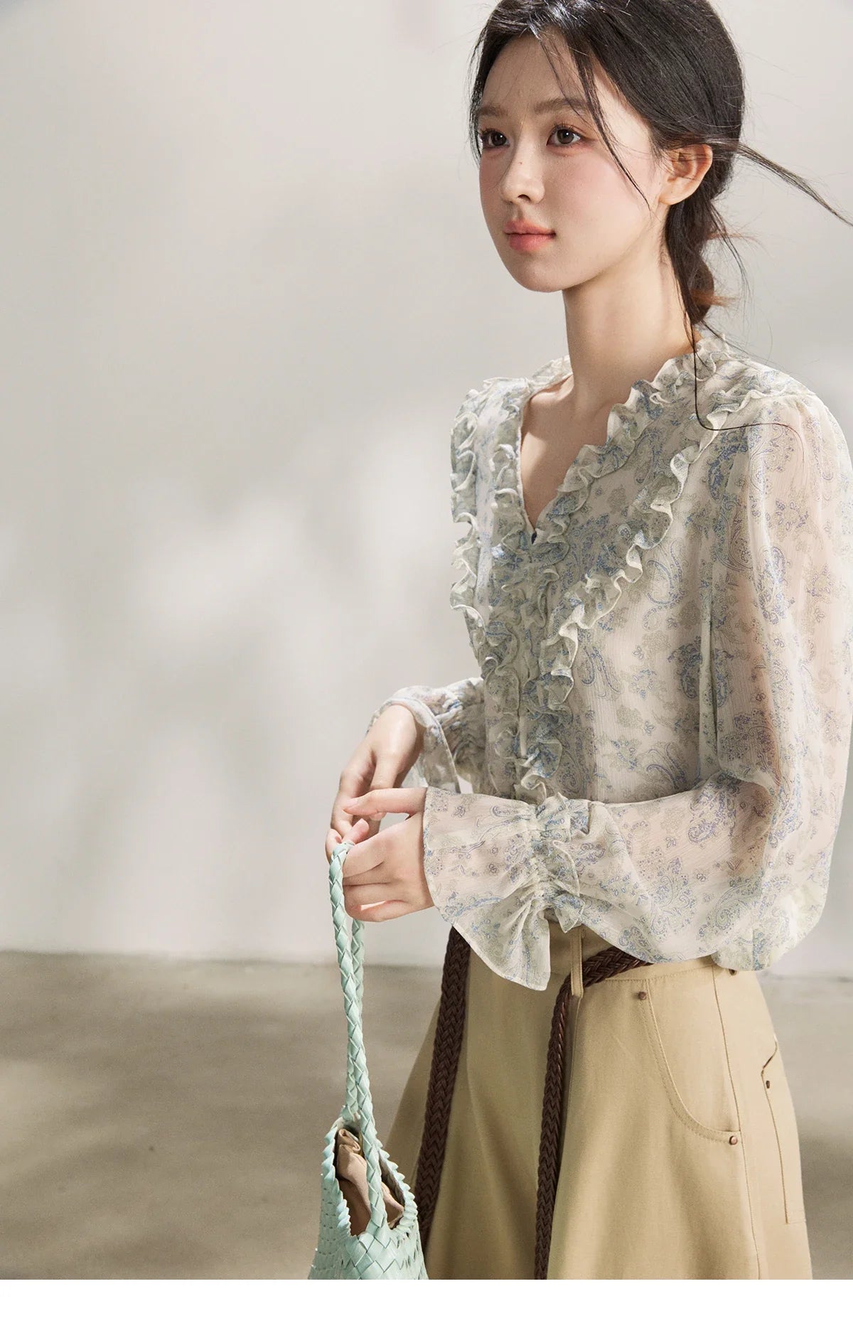 Women's Light Blue Paisley Print Ruffle Blouse V-neck Sheer Long Sleeve Chiffon Shirt Casual Summer Wear MXF13X2549