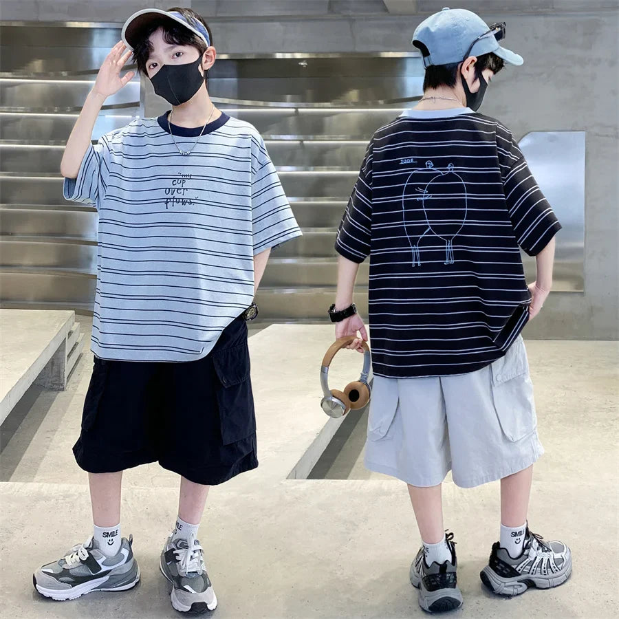 2026 Kids Top and Bottom Clothes Summer Set For Tweens Boys Casual Striped Tracksuit Outfit Children Cargo Clothing 2PCS Suit