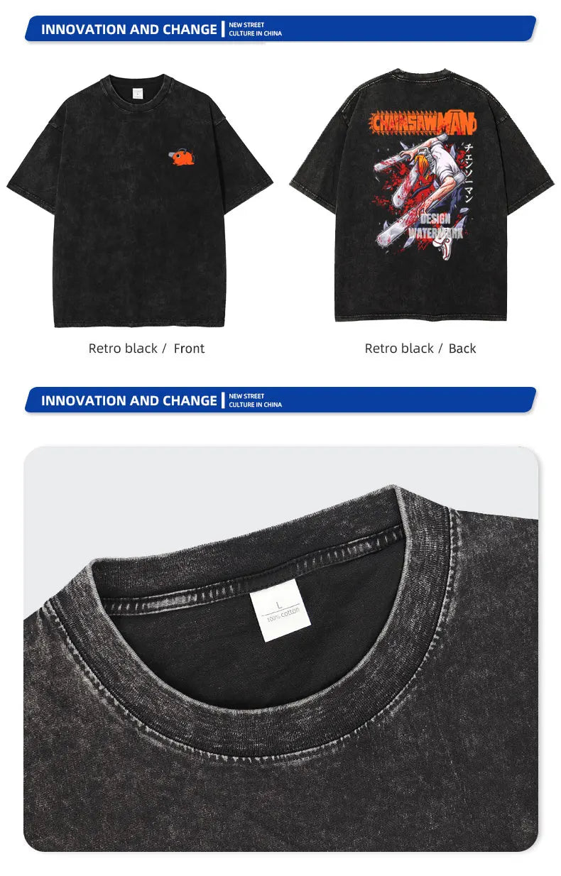 Anime C-Chainsaw M-Man T Shirts Oversized Vintage Washed Denji T-shirt Manga Power T Shirt Pochita Makima Reze Tops Tees man