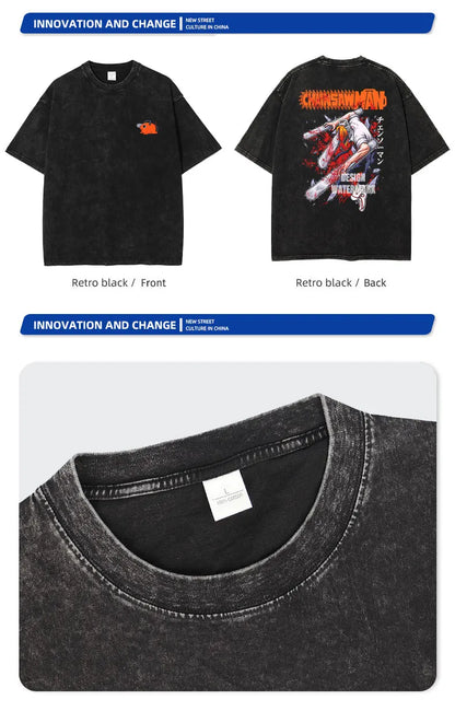Anime C-Chainsaw M-Man T Shirts Oversized Vintage Washed Denji T-shirt Manga Power T Shirt Pochita Makima Reze Tops Tees man