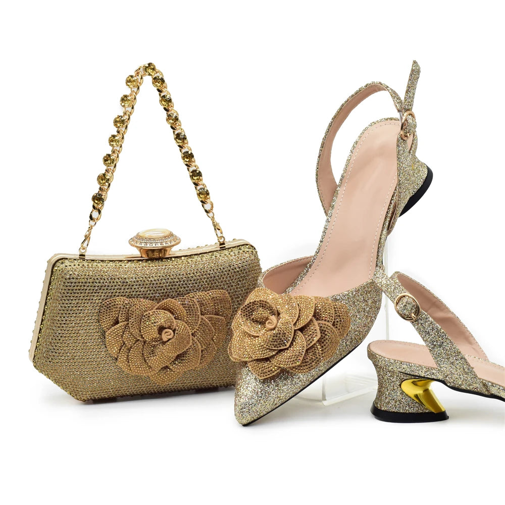 Chic and Elegant Woman Shoes and Bag with Rhinestone Shoe and Bag Set for Party in Women Nigerian Elegant Heeled Shoes for Women