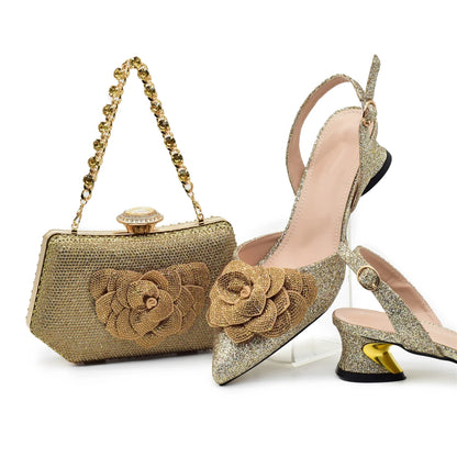 Chic and Elegant Woman Shoes and Bag with Rhinestone Shoe and Bag Set for Party in Women Nigerian Elegant Heeled Shoes for Women