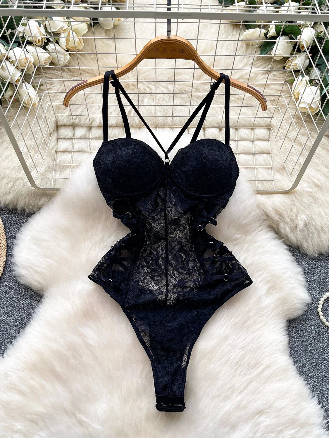 Sexy Lace Push Up Bodysuit See Through Mesh Patchwork Sleeveless Slim Thin One Pieces Elegant Women's Strappy Lingerie