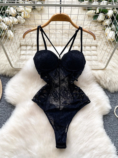 Sexy Lace Push Up Bodysuit See Through Mesh Patchwork Sleeveless Slim Thin One Pieces Elegant Women's Strappy Lingerie