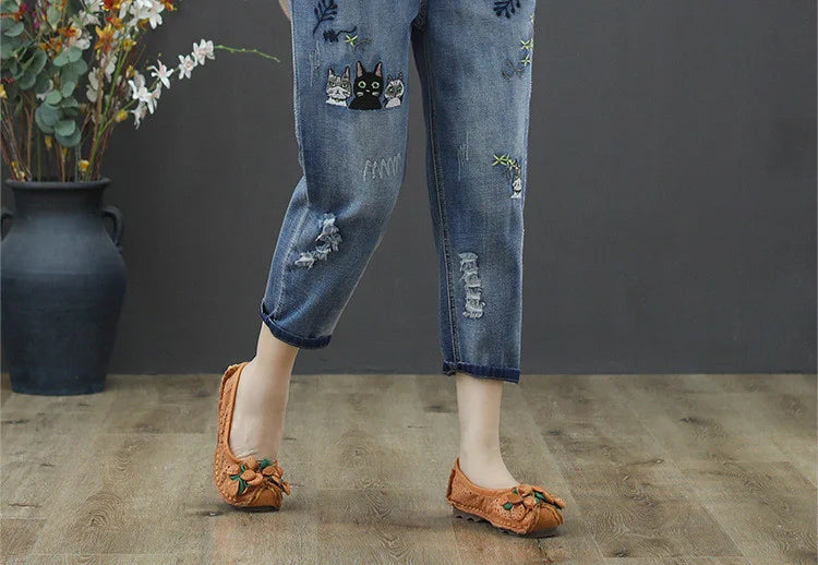 2025 Fashion Summer Streetwear Denim Trousers Ladies Vintage Elastic Jeans Womens Casual Loose Embroidery Harem Pants