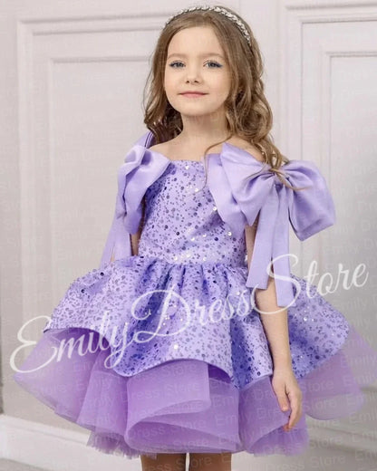 Customized Pink Flower Girl Dresses For Wedding Sequins With Bow Knee Length Cute Princess Birthday Party First Communion Gown