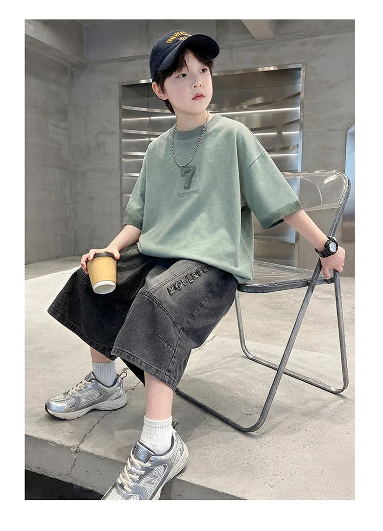 Luxurious Teen Boys Set For Child Elegant T-shirts + Denim Shorts 2PCS Clothes Set Summer Kids Luxury Clothing Set Age 6 To 16 Y