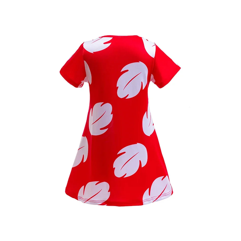 Costume Girl Cosplay Red Dress Short Sleeve Pajamas Hawaiian Printed Dress Summer Beach Outfit + Stitch Doll Set