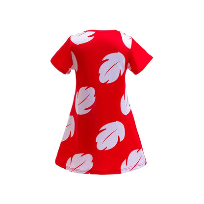 Costume Girl Cosplay Red Dress Short Sleeve Pajamas Hawaiian Printed Dress Summer Beach Outfit + Stitch Doll Set