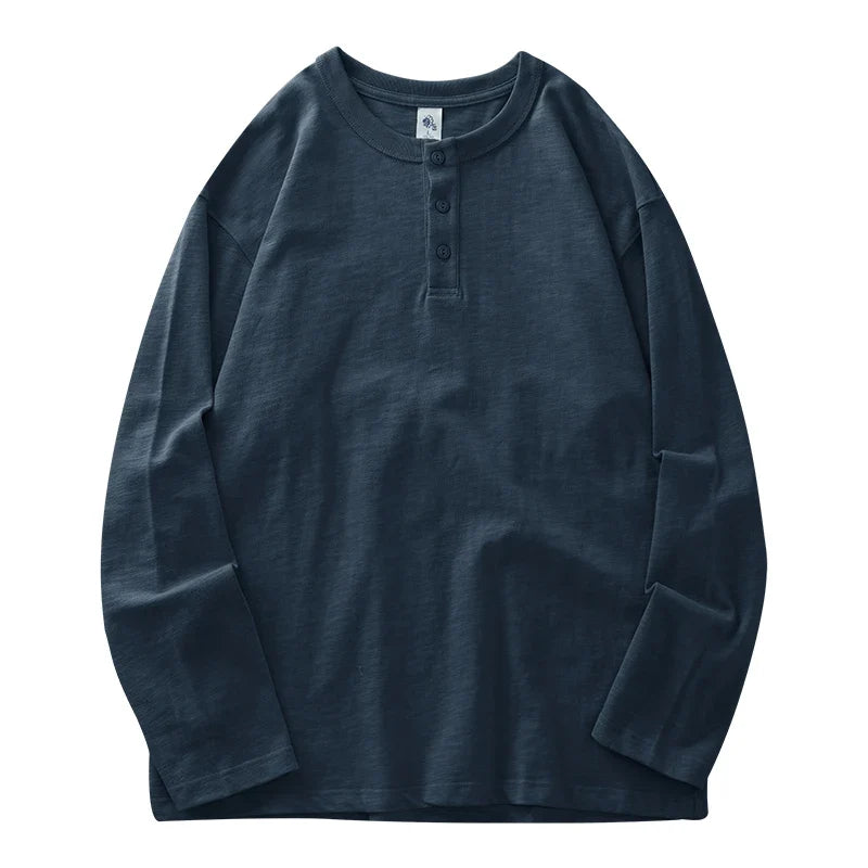 Dukeen 320G Heavyweight 100% Cotton Henley Neck T Shirt for Men Long-Sleeved Spring Autumn Casual Tops Solid Color Undershirts