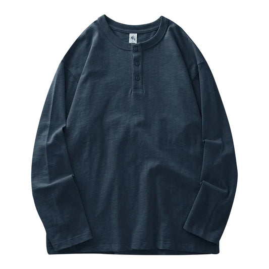 Dukeen 320G Heavyweight 100% Cotton Henley Neck T Shirt for Men Long-Sleeved Spring Autumn Casual Tops Solid Color Undershirts