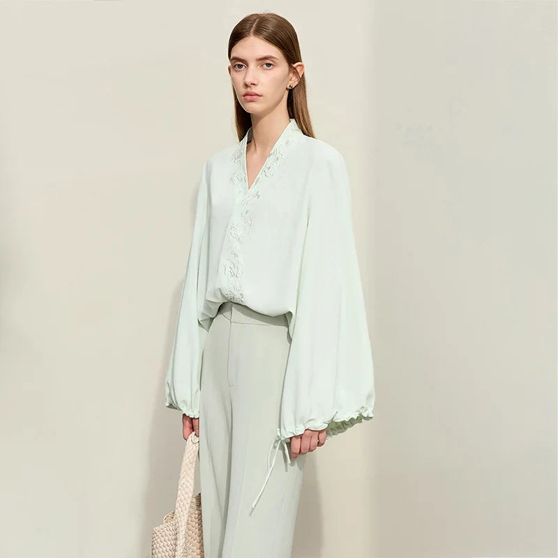 Chiffon Women's Blouse 2025 Autumn New V-neck Letter Embroidered Top Elegant Lantern Sleeve Loose Women's Shirt 12421028