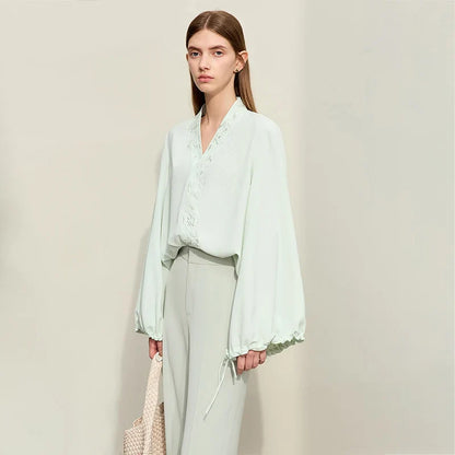 Chiffon Women's Blouse 2025 Autumn New V-neck Letter Embroidered Top Elegant Lantern Sleeve Loose Women's Shirt 12421028