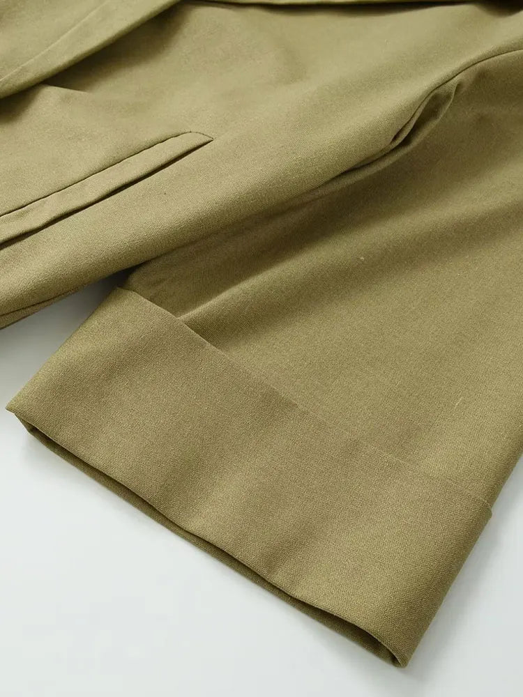 Women's Double-Breasted Loose Linen Blazer Coat Short Sleeve Pockets Chic Female Outerwear Top