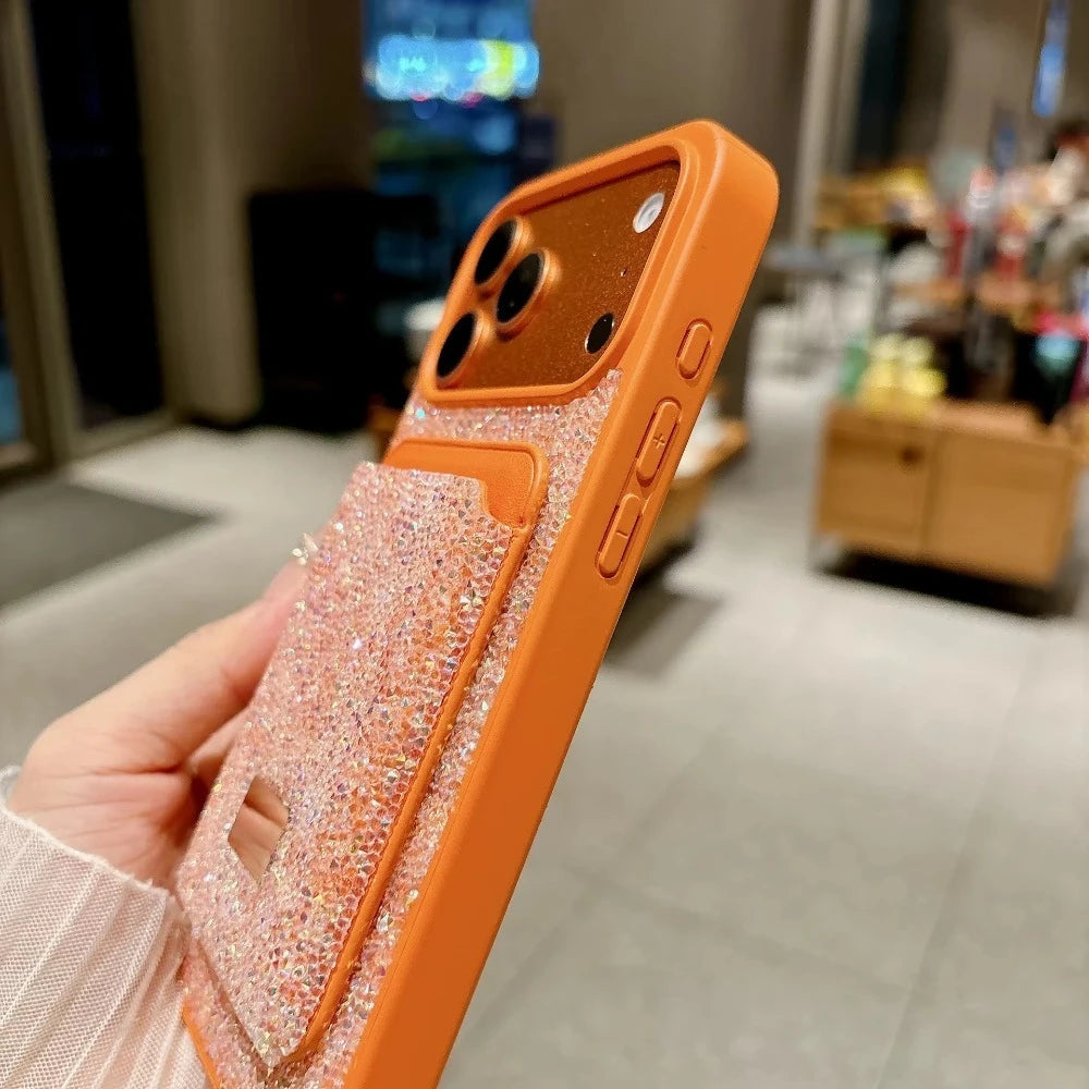 Luxury Glitter Flash Diamond Case With Magnetic Card Bag For iPhone 17 Air 16 15 14 Plus 13 12 Pro Max Anti-drop Protector Shell