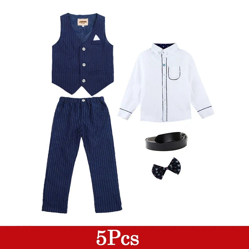 2PCs/5Pcs Kids Boy Gentleman Formal Suit White T-shirt Black Blue Stripe Set Children Birthday Party Wedding Clothing