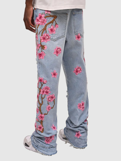 Men Jeans Print Straight Pants Men Denim Jean Button Pockets Pants Streetwear High Street Mid Waist Hole Spliced Spring Summer