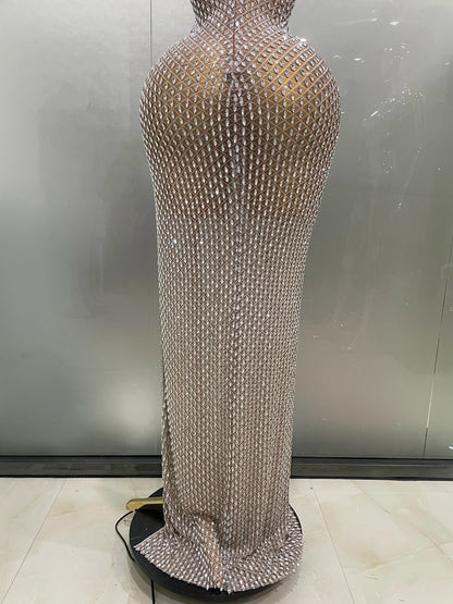 2025 Luxurious Full Rhinestones Mesh Transparent Long Dress Women Birthday Celebrate Evening Prom Dress Party Club Stage Costume