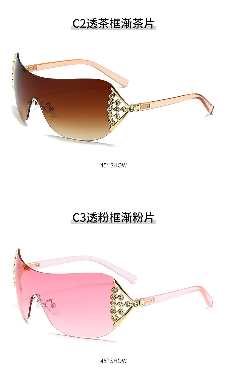 2025 New Ins Diamond Sunglasses Women One-piece Lenses Fan-shaped Sun Glasses Ladies Y2K Trendy Rimless Alloy Legs Punk UV400