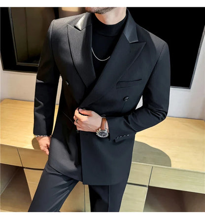 (1 Pcs Jackets) New Thicken Thicken Striped Casual Suit Jacket Fashion Splicing Leather Neck Men's Business Slim Blazers Tuxedos