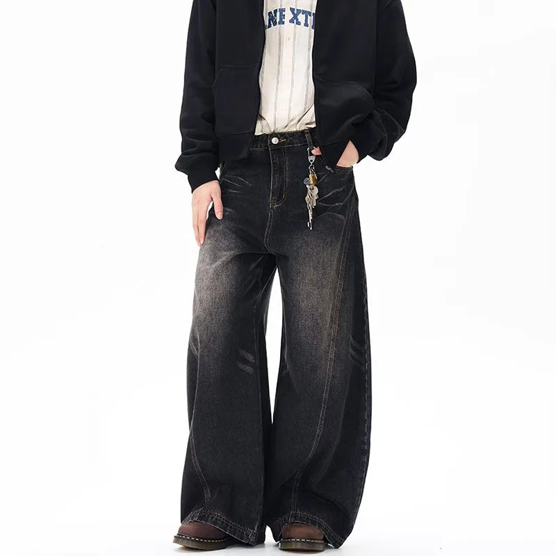 Spring New Men'S Jeans Wide Leg Pants Loose Machete Jeans Vintage Lightning Cracked Denim Trousers