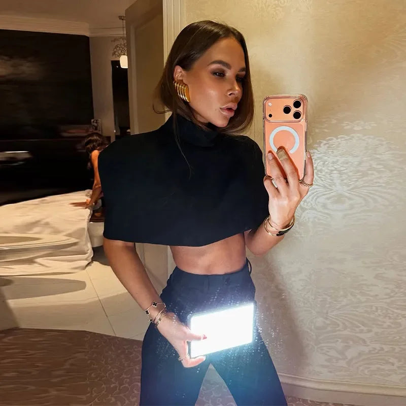 Elegant Women Shawl Cropped Top Shoulder Pads Stand Collar Short Sleeve Black Female T-shirt 2026 Spring Summer Lady Partywear