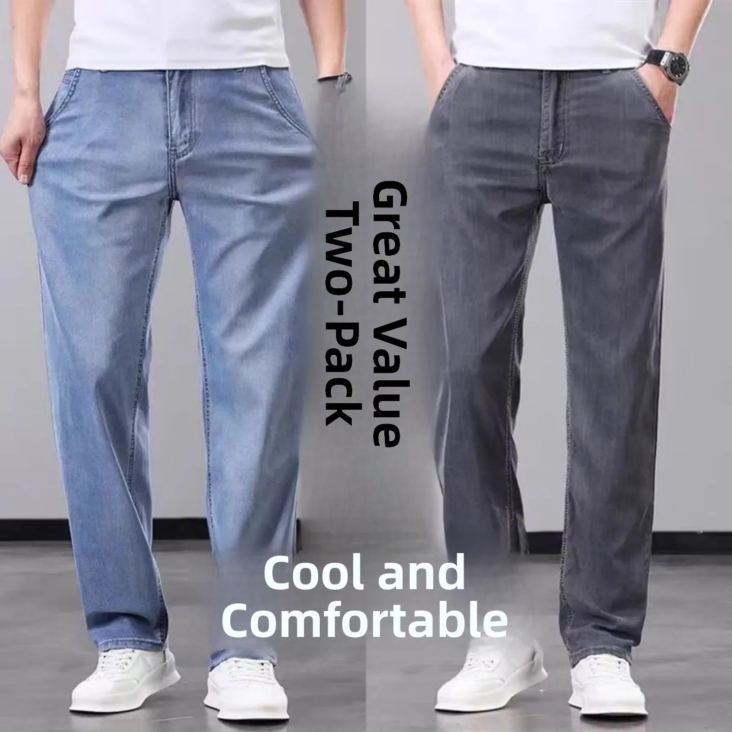 Summer Thin Straight Loose Wide Leg Pants Men's Silk Smooth Denim Jeans Casual Long Trousers Business Gentleman Style Water W...