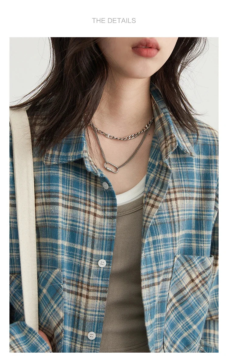 Women's Cotton Shirt Single Breasted Loose New Retro Color Blocked Grid Female Blouses Autumn Spring 2026