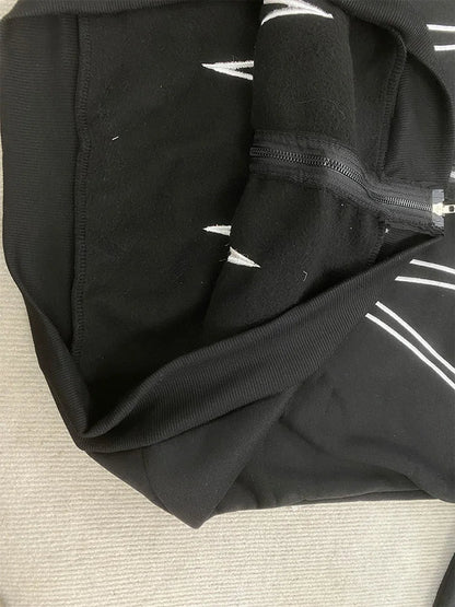 Street Retro Fashion Clothing Striped Embroidered Black Double Zipper Hoodie American Hip-hop Punk Oversized Sweatshirt women