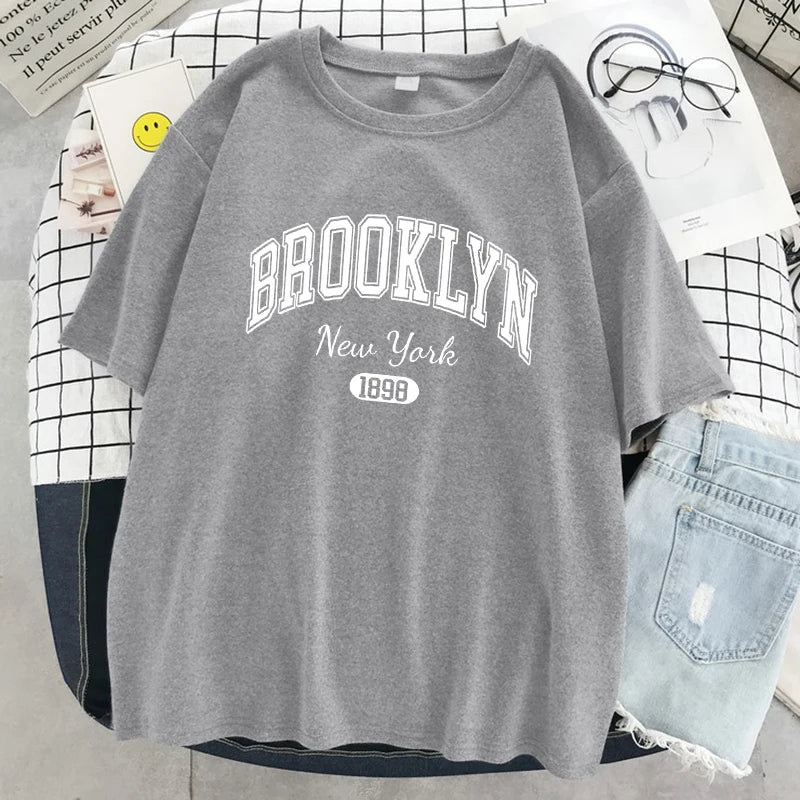 Brooklyn New York 1898 City Letter Print Female T-Shirt Street Breathable Tops Oversized Clothes Comfortable O-Neck Short Sleeve