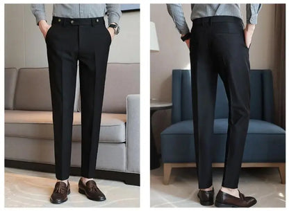 Pure Color Male Business Wedding Dress Pants Fashion Unique Design Men Waist Adjustable Suit Pant No Belt Slim Trousers Homme